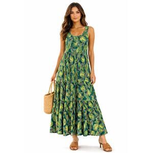 Lands End Tropical Maxi Tiered Dress Women M Green Sleeveless Coastal Resortwear